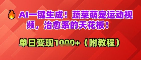 AI一键生成！蔬菜萌宠运动视频，治愈系的天花板！单日变现多张-入圈