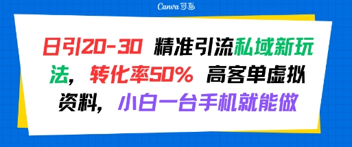 日引 20-30 精准引流私域新玩法，转化率50% 高客单虚拟资料，小白一台手机就能做-入圈