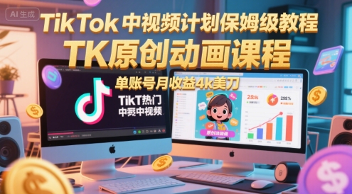 TikTok中视频计划保姆级教程，TK原创动画课程，单账号月收益4k美刀-入圈