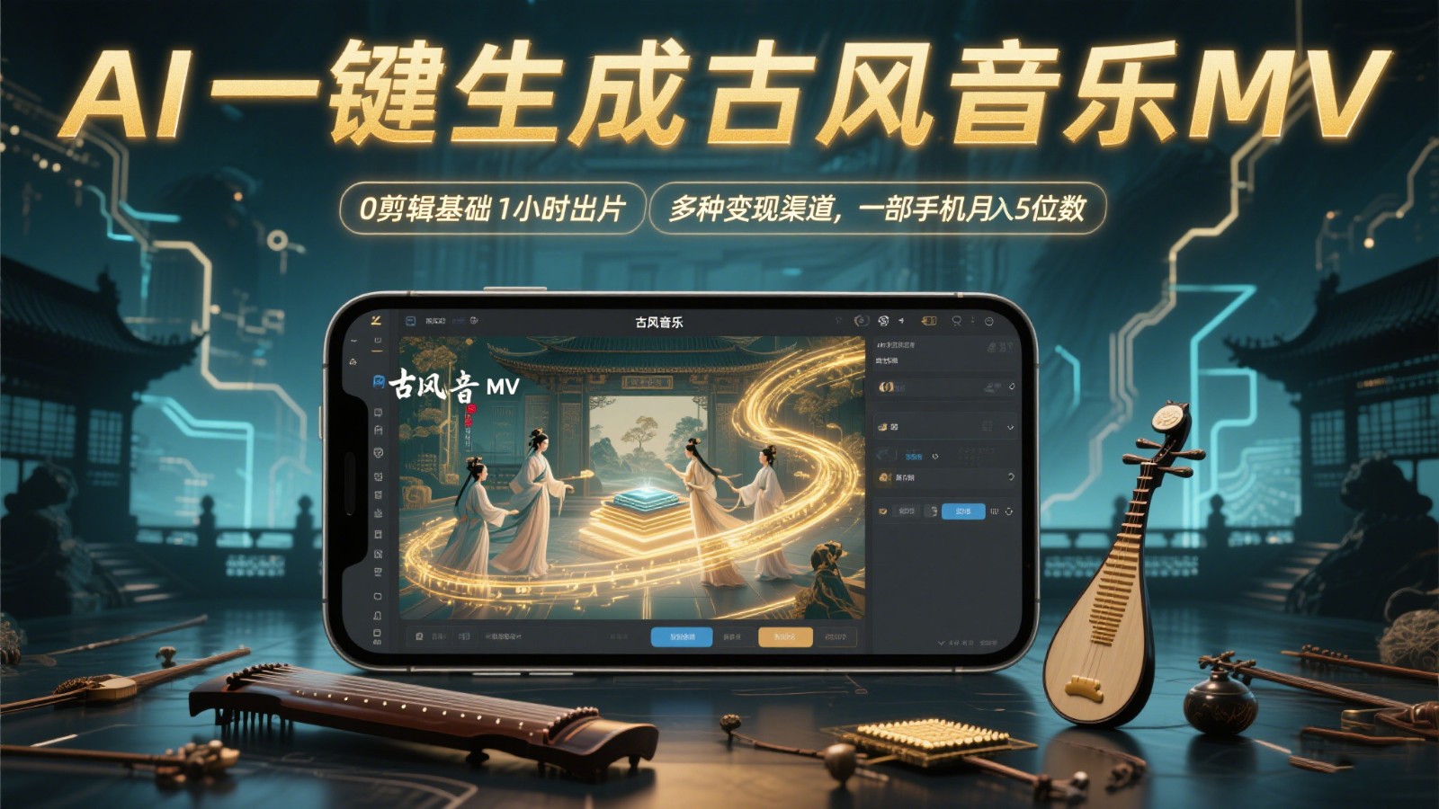 AI一键生成古风音乐MV，0剪辑基础1小时出片，多种变现渠道，一部手机月入5位数-入圈