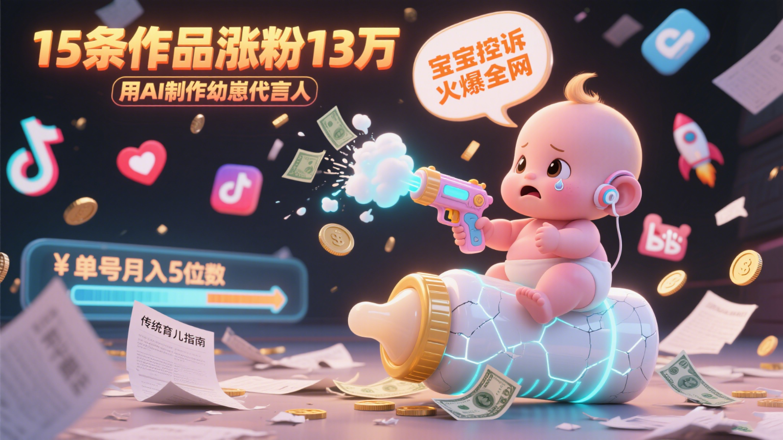 用AI制作幼崽代言人，宝宝的控诉火爆全网，15条作品涨粉13万，单号月入5位数实操教程-入圈