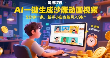 AI一件生成沙雕动画视频，5分钟一条，新手小白也能月入9k+-入圈