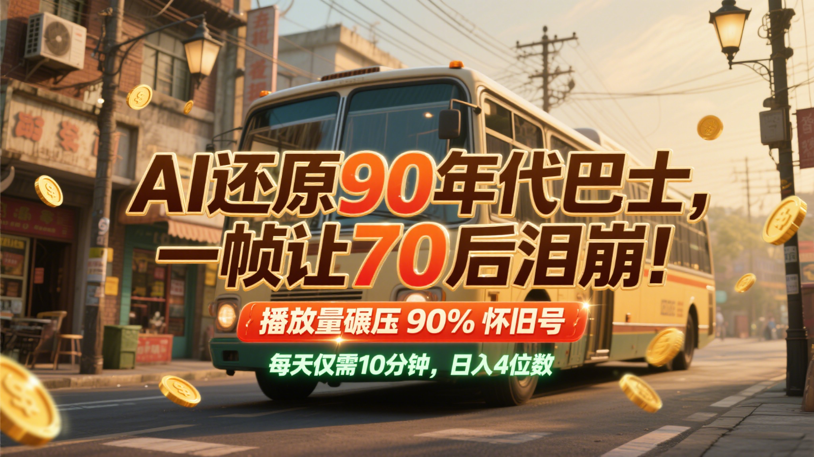 AI还原90年代巴士，一帧让70后泪崩！播放量碾压90%怀旧号，每天10分钟，日入4位数-入圈