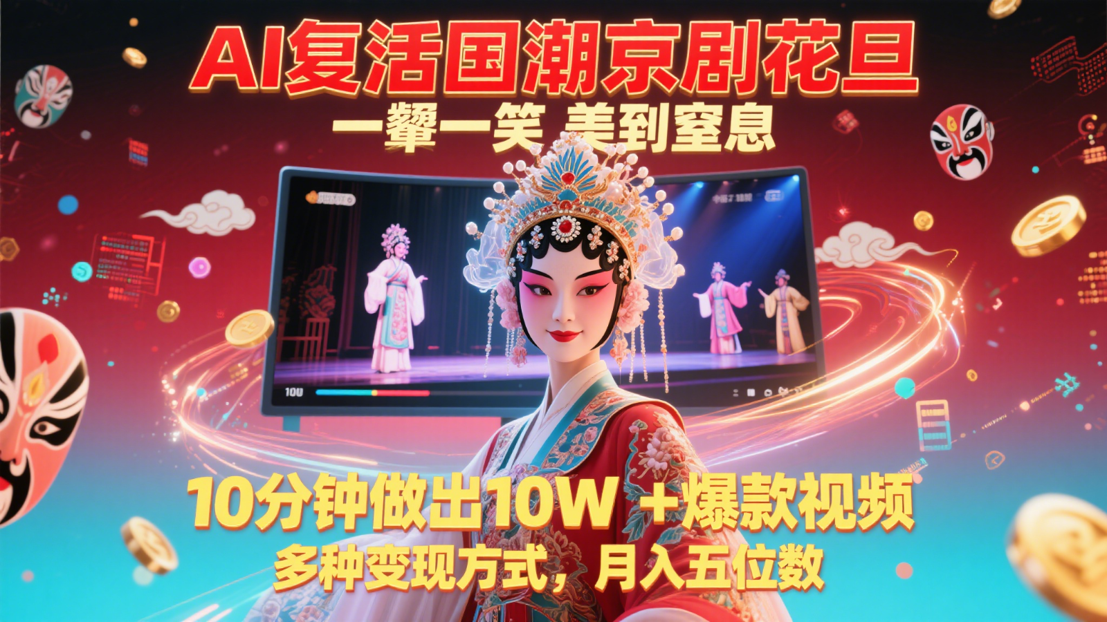 AI复活国潮京剧花旦，一颦一笑美到窒息，10分钟做出10W+爆款视频，多种变现方式-入圈