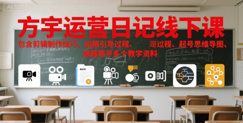 方宇运营日记线下课，包含剪辑制作技巧、拍摄引导过程、起号思维导图、选题等多个教学资料-入圈