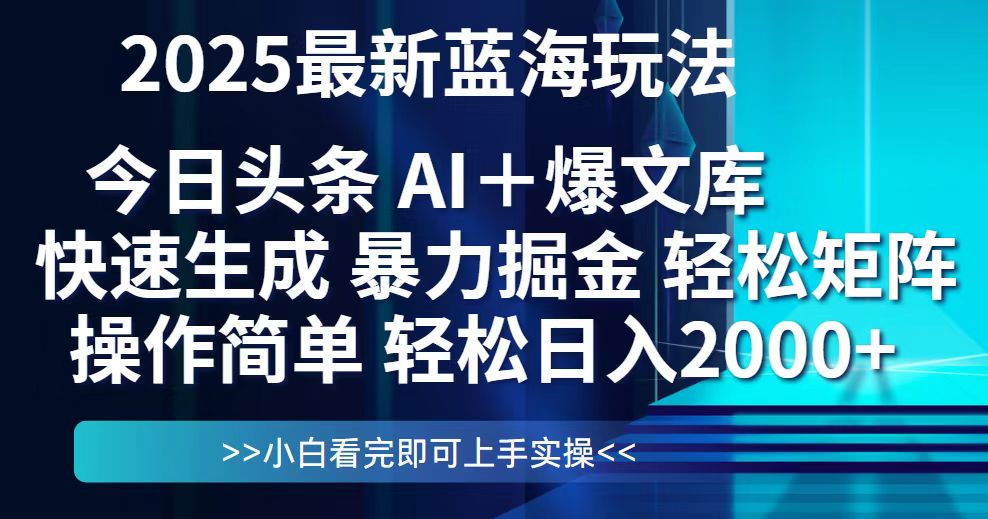 （14805期）今日头条2025最新蓝海玩法，思路简单，复制粘贴，轻松实现矩阵日入2000+-入圈