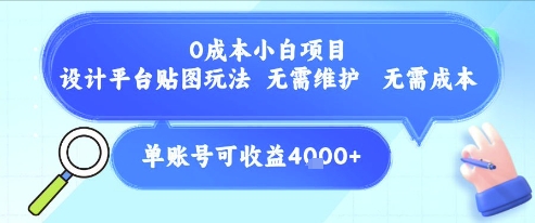 0成本小白项目，设计平台贴图玩法，无需维护，无需成本，单账号单月可产生收益4k+-入圈