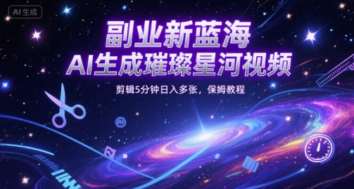 副业新蓝海，AI生成璀璨星河视频，剪辑5分钟日入多张，保姆教程-入圈
