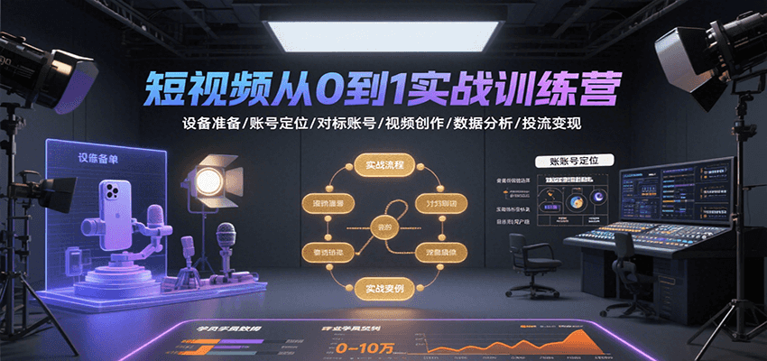 短视频从0到1实战训练营：设备准备/账号定位/对标账号/视频创作/数据分析/投流变现-入圈