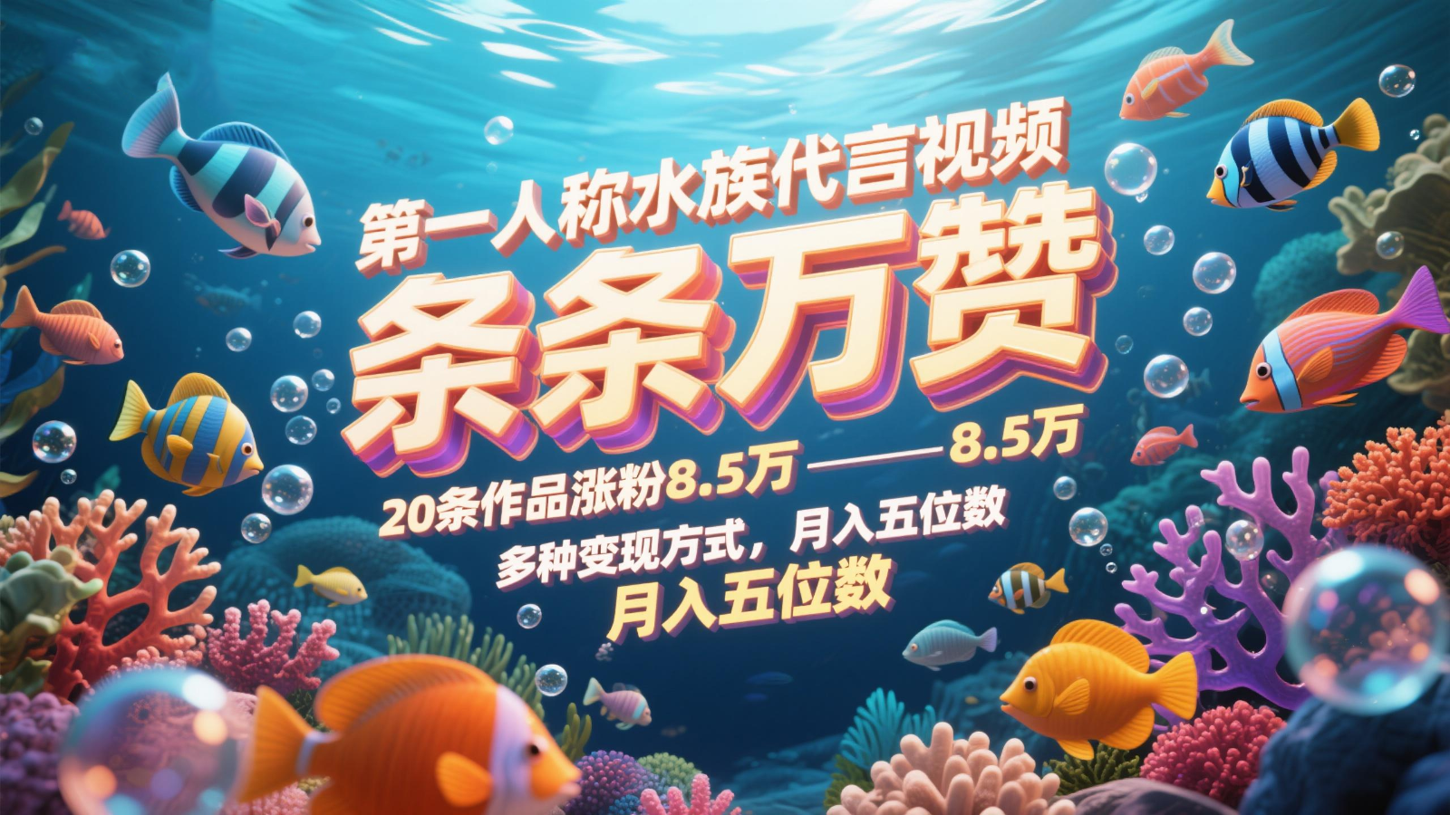 第一人称水族代言视频，条条万赞，20条作品涨粉8.5万，多种变现方式月，入五位数-入圈