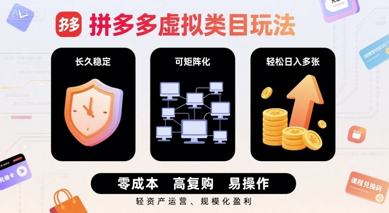 拼多多虚拟类目玩法，长久稳定，可矩阵化，轻松日入多张-入圈