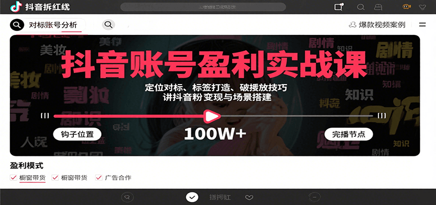 抖音账号盈利实战课，定位对标、标签打造、破播放技巧，讲涨粉变现与场景搭建-入圈