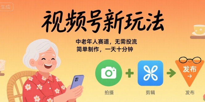 视频号新玩法，中老年人赛道，无需投流，简单制作，一天十分钟，月入1W-入圈