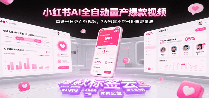 小红书AI全自动量产爆款视频，单账号日更百条视频，7天搭建不封号矩阵流量池-入圈
