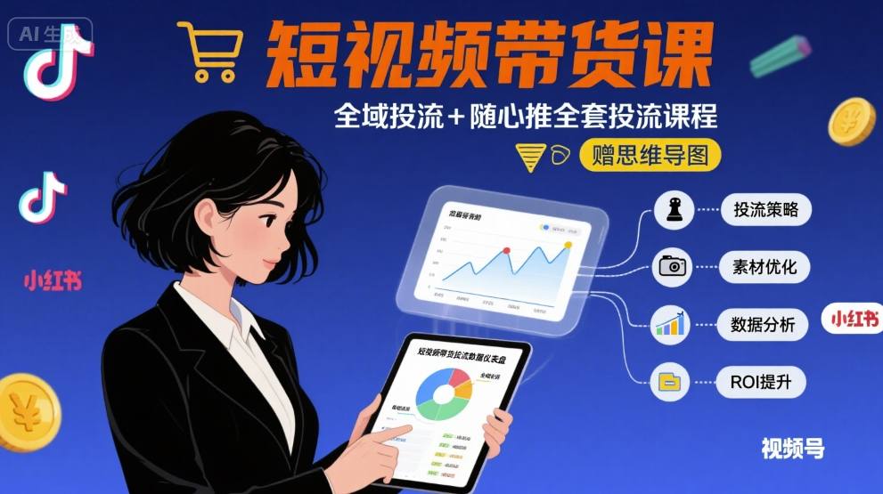 最新短视频带货课，全域投流+随心推全套投流课程+思维导图-入圈