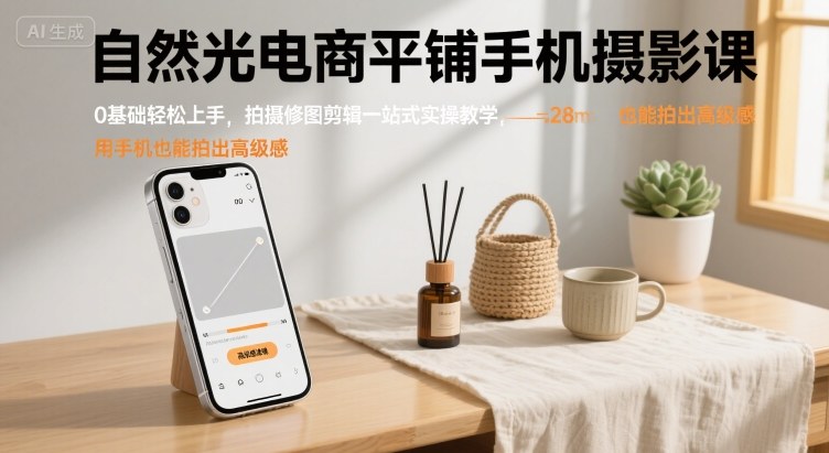 自然光电商平铺手机摄影课，0基础轻松上手，拍摄修图剪辑一站式实操教学，用手机也能拍出高级感-入圈