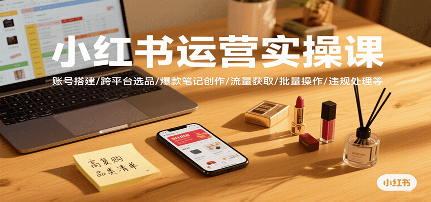 小红书运营实操课，账号搭建/跨平台选品/爆款笔记创作/流量获取/批量操作/违规处理等-入圈