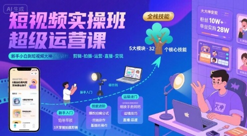 短视频实操班超级运营课，新手小白到短视频大神必修课程，剪辑-拍摄-运营-直播-变现-入圈