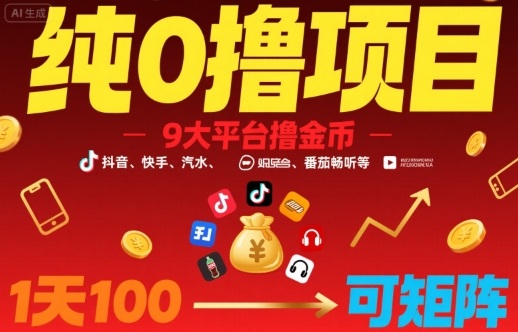 纯0撸项目，9大平台撸金币，抖音，快手，汽水，番茄畅听等，1天100，可矩阵-入圈