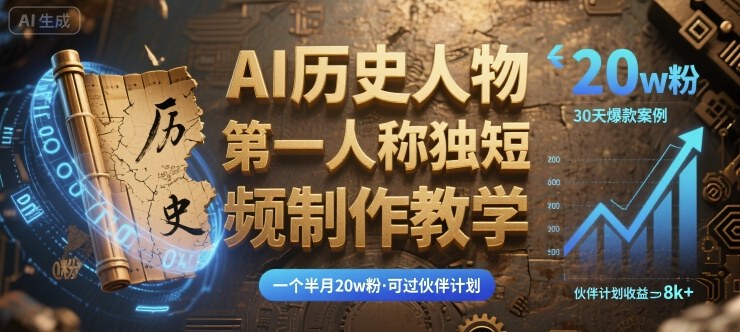 最新AI历史人物第一人称独白短视频制作教学，一个半月20w粉，可过伙伴计划-入圈