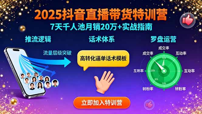 （15958期）2025抖音直播带货特训：推流逻辑、话术体系、罗盘运营,7天千人池月销20万+-入圈