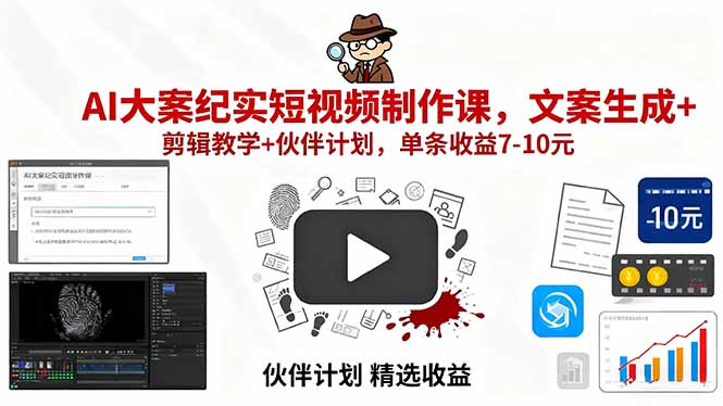 （15992期）AI大案纪实短视频制作课，文案生成+剪辑教学+伙伴计划，单条收益7-10元-入圈