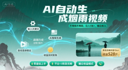 不用拍不用剪！AI自动生成烟雨视频，日入5张+，睡后收入-入圈