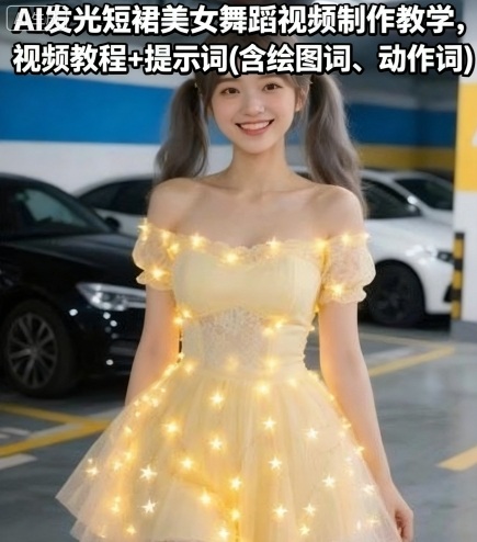 AI发光短裙美女舞蹈视频制作教学，视频教程+提示词(含绘图词、动作词)-入圈