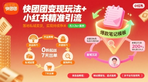 快团团变现玩法+小红书精准引流技巧，助你真正落地私域卖货，实现持续挣米-入圈