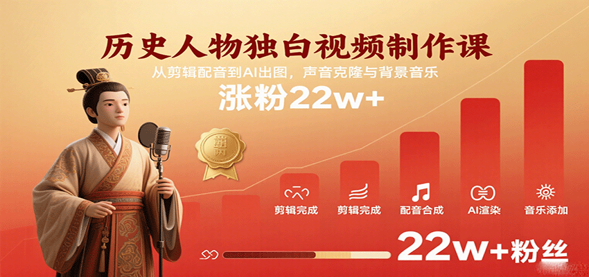 历史人物独白视频制作课，从剪辑配音到AI出图，声音克隆与背景音乐，涨粉22w+-入圈